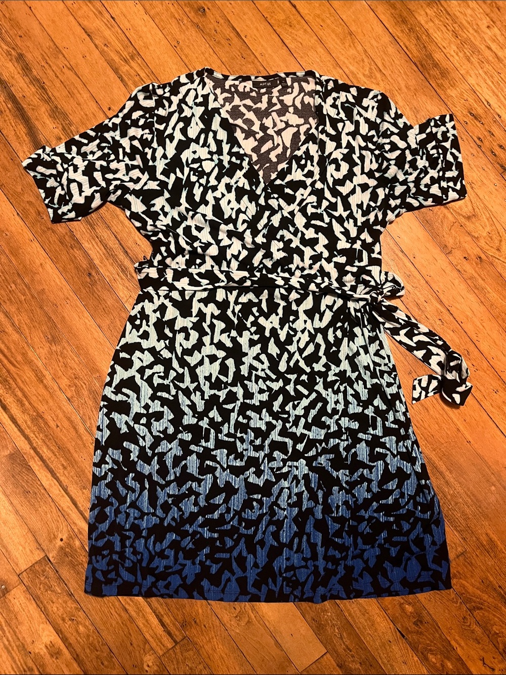 Apt. 9 Black, Teal, Blue and White Ombré  Print Faux Wrap Dress